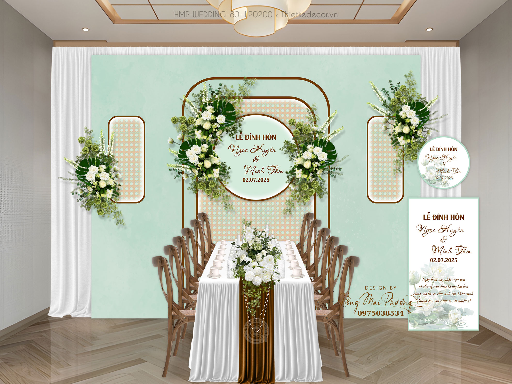 Gia tiên tone xanh nhạt pastel, xanh mint mix họa tiết đan tre kèm tem nước và tag bàn